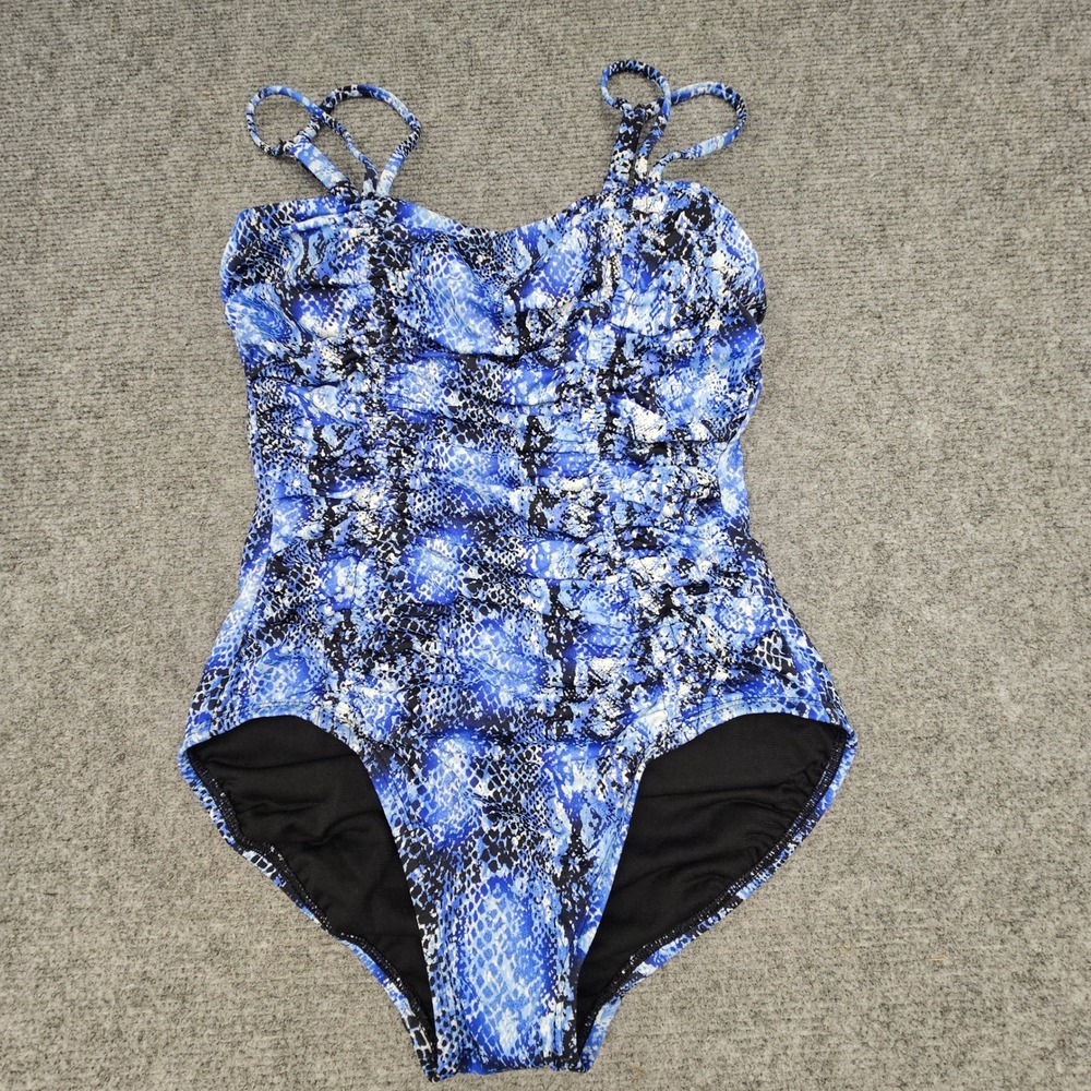 Swim Solutions One Piece Swimsuit Womens 8 Blue Snakeskin Tummy Control Shirred - Picture 1 of 9